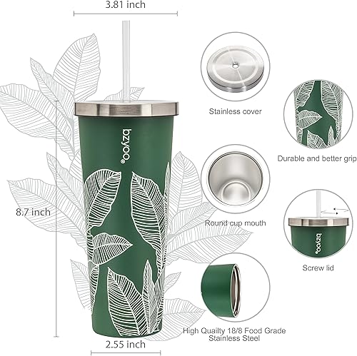 Miniatura 4 de bzyoo Paquete de vasos verdes SUP - Vaso aislado al vacío de acero inoxidable de doble pared con popote y tapa + vaso de plástico de doble pared de