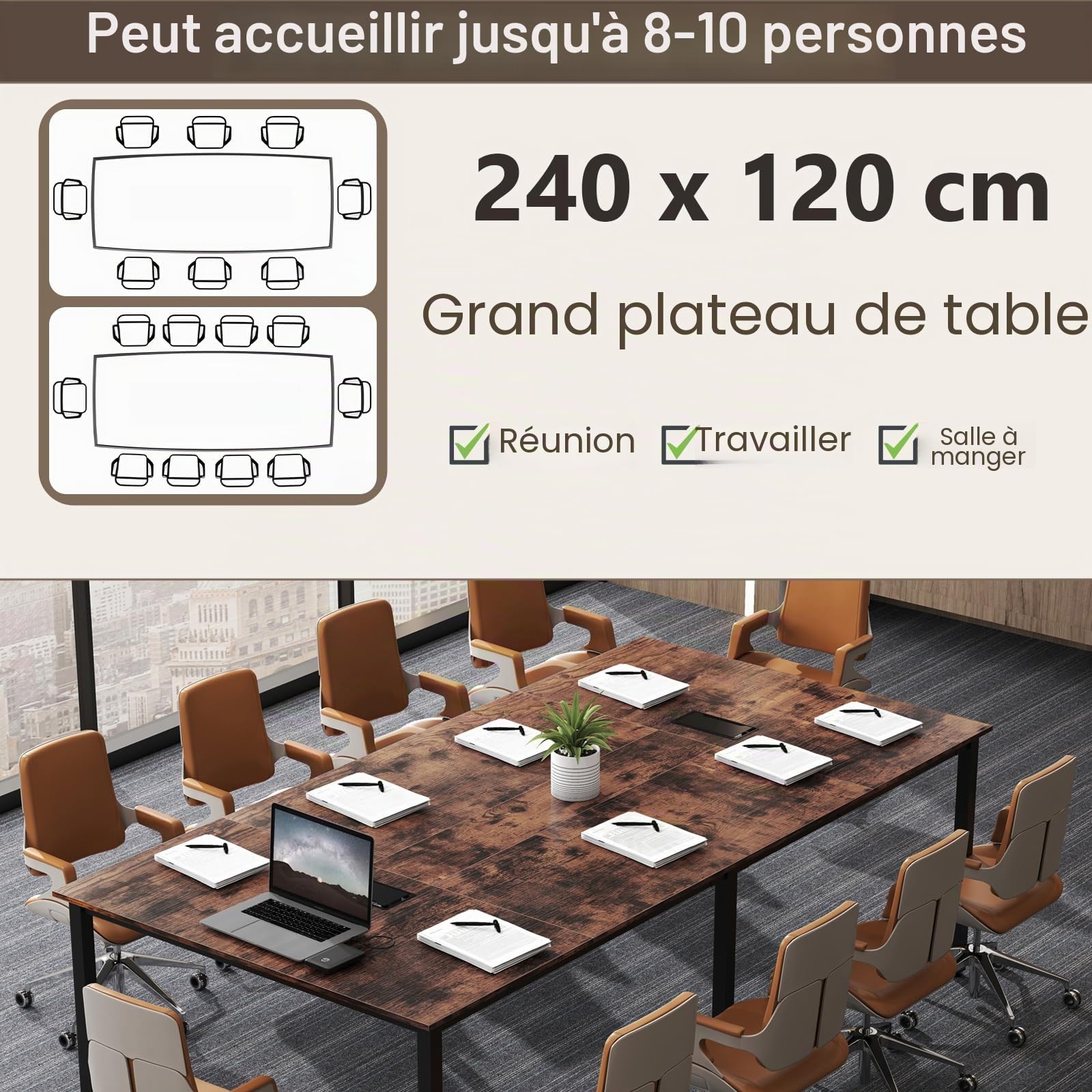 LIFEZEAL Table de réunion grande, 240 x 120 cm, pour 8-10 personnes, porte ordinateur, 2 passerelles, bureau industriel en bois et métal