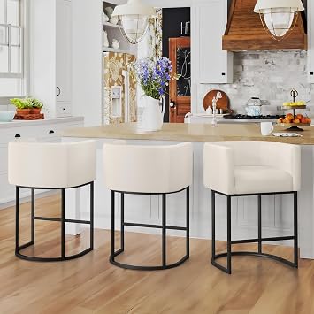 LUE BONA Counter Height Bar Stool Set of 2, 27" H Modern Bar Stools with Barrel Backrest and Armrest, Linen Upholstered Kitchen Island Bar Chairs with Black Metal Frames Beige