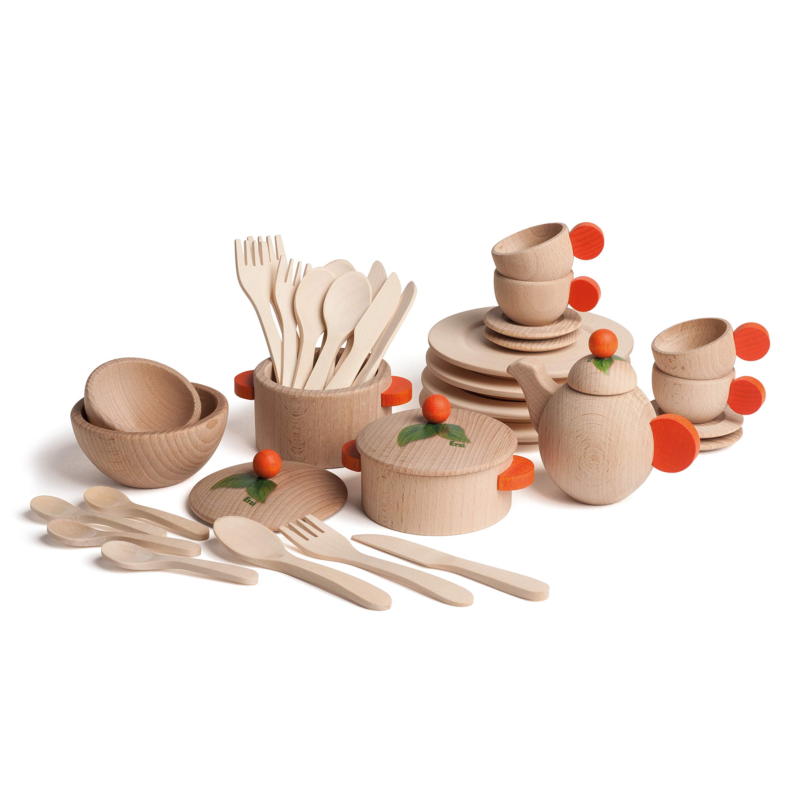 Erzi 10677 Koch- und Geschirrset Natur aus Holz, Kaufladenspielzeug | für Kinder, Kaufmannsladen, Rollenspiele, Kreative Spielwelten gestalten