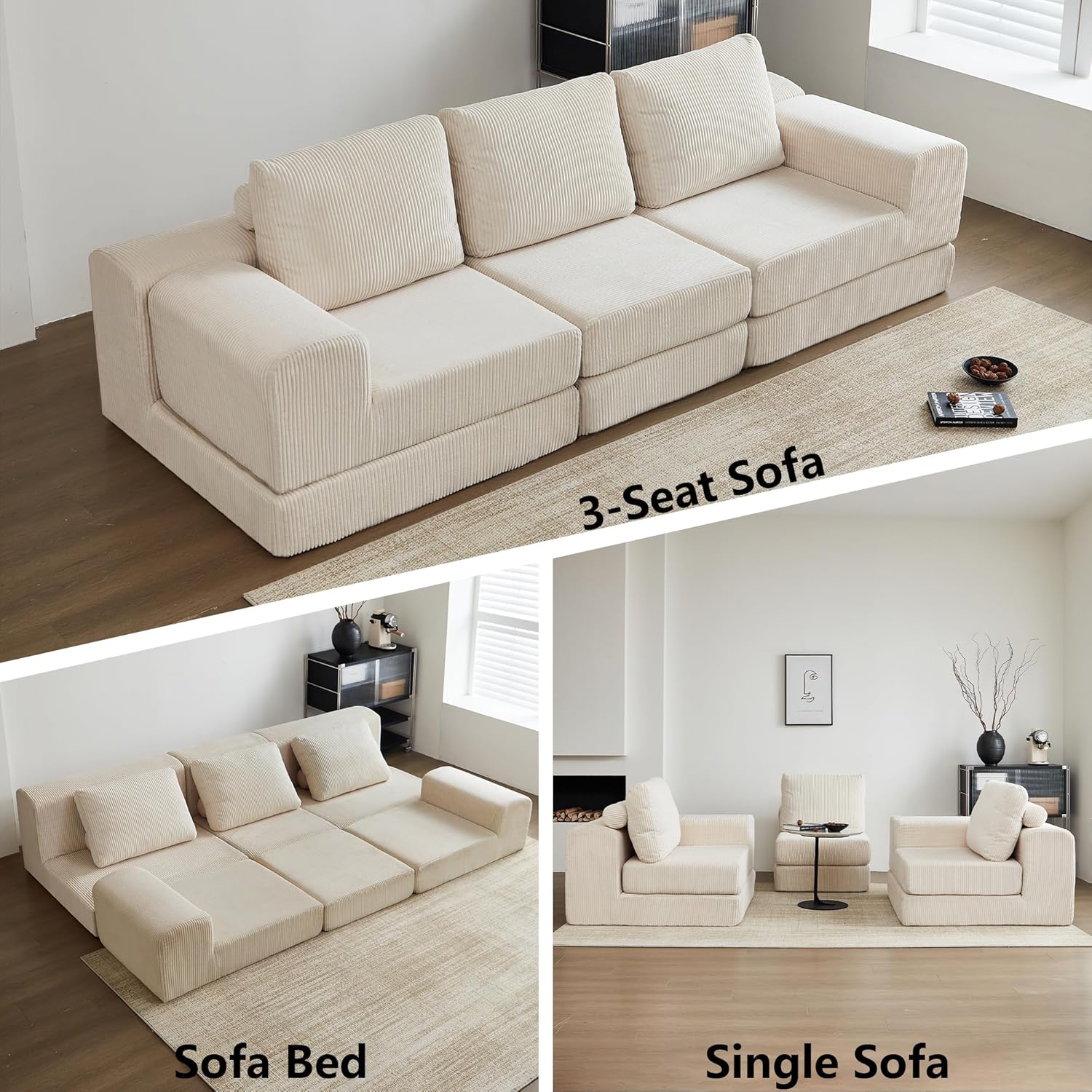 108" Modular Couch Cloud Sofa, 6-in-1 Convertible L Shaped Couch Sectional Sofa Loveseat, Corduroy Modern Couches for Living Room Bedroom Apartment, No Assembly Required, Beige 108" Beige