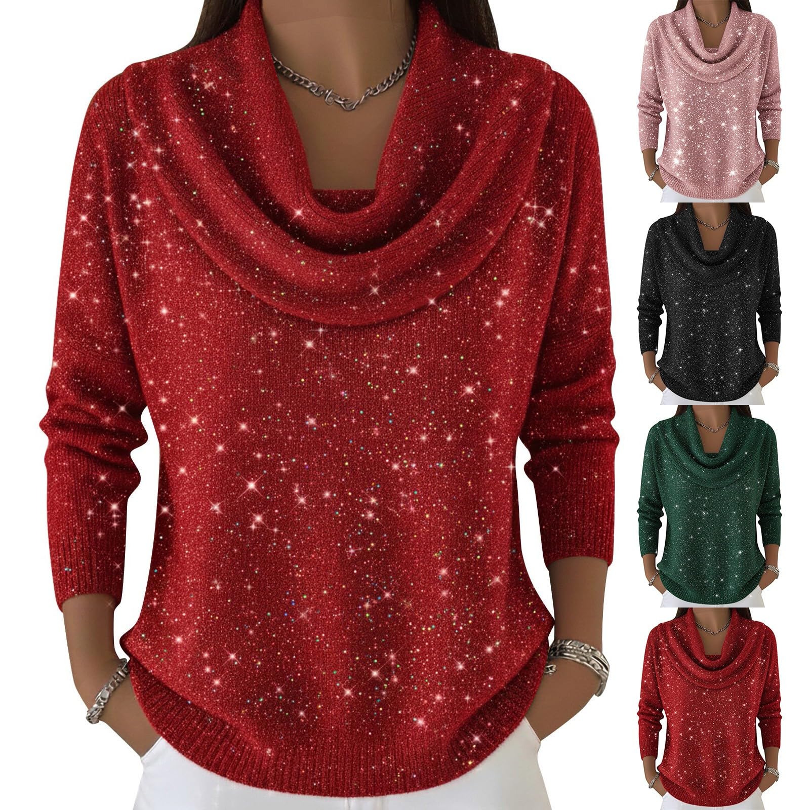 Sequin Sweaters for Women Cowl Neck Long Sleeve Glitter Tops Trendy Casual Loose Pullover Dressy New Years Eve