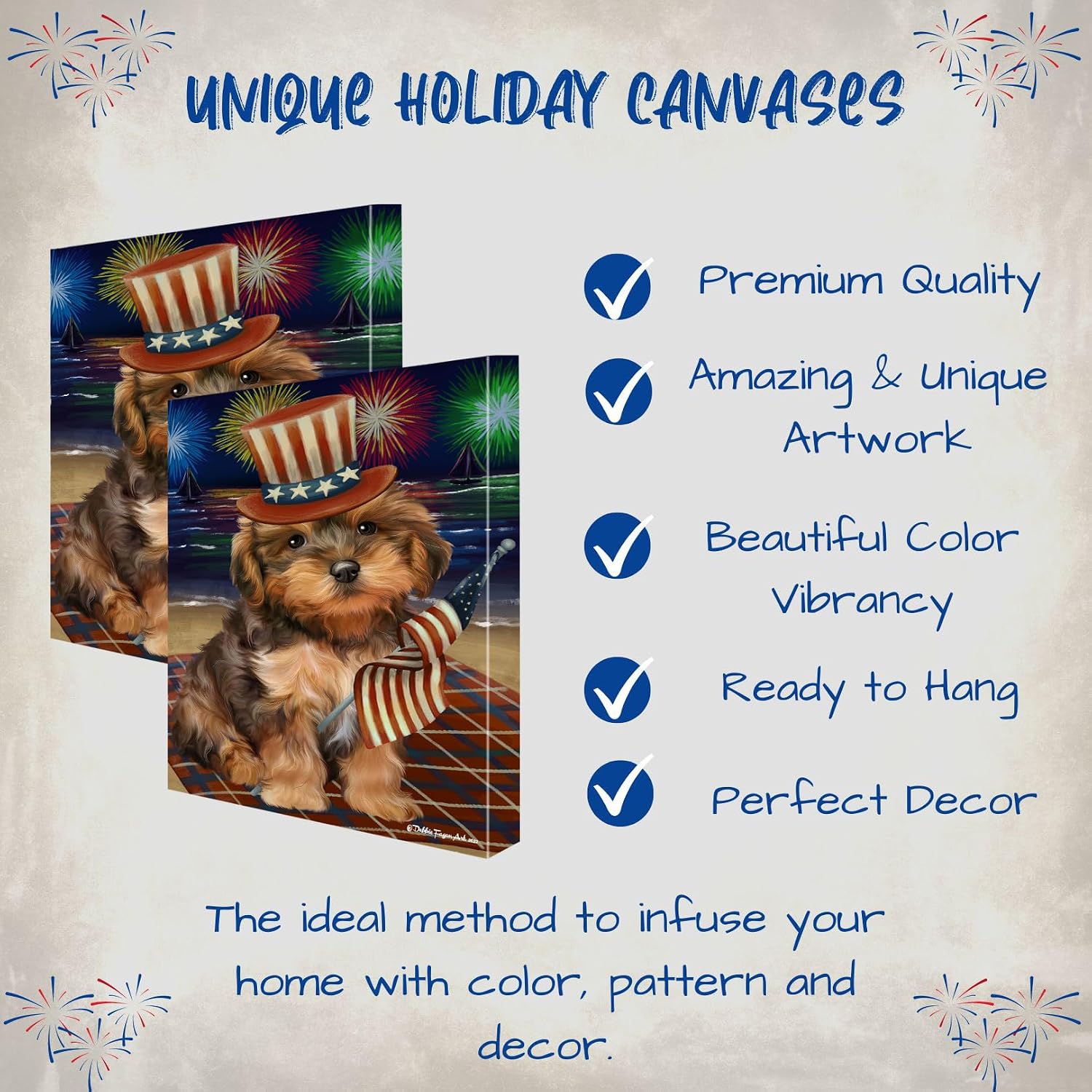 4th of July Fireworks Yorkipoo Dog Canvas Wall Art - Premium Quality Ready to Hang Room Decor Wall Art Canvas - Unique Animal Printed Digital Painting for Decoration, 16"x20" - CVSP116788