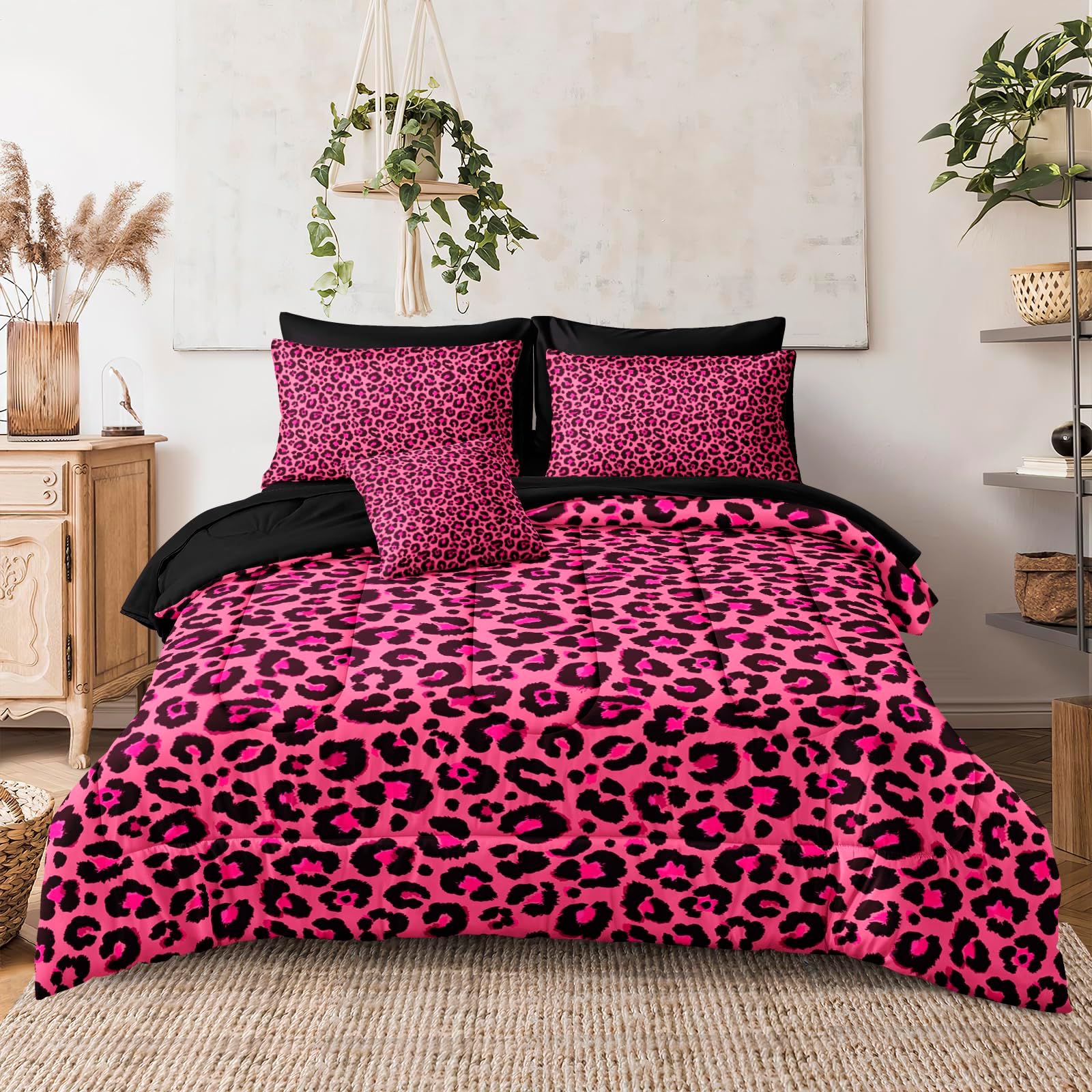 Leopard Print Comforter Queen Black and Pink Bedding Sets 8 Pcs Hot Pink Cheetah Animal Print Texture Wild Leopard Bed in A Bag with Comforter and Sheet Set
