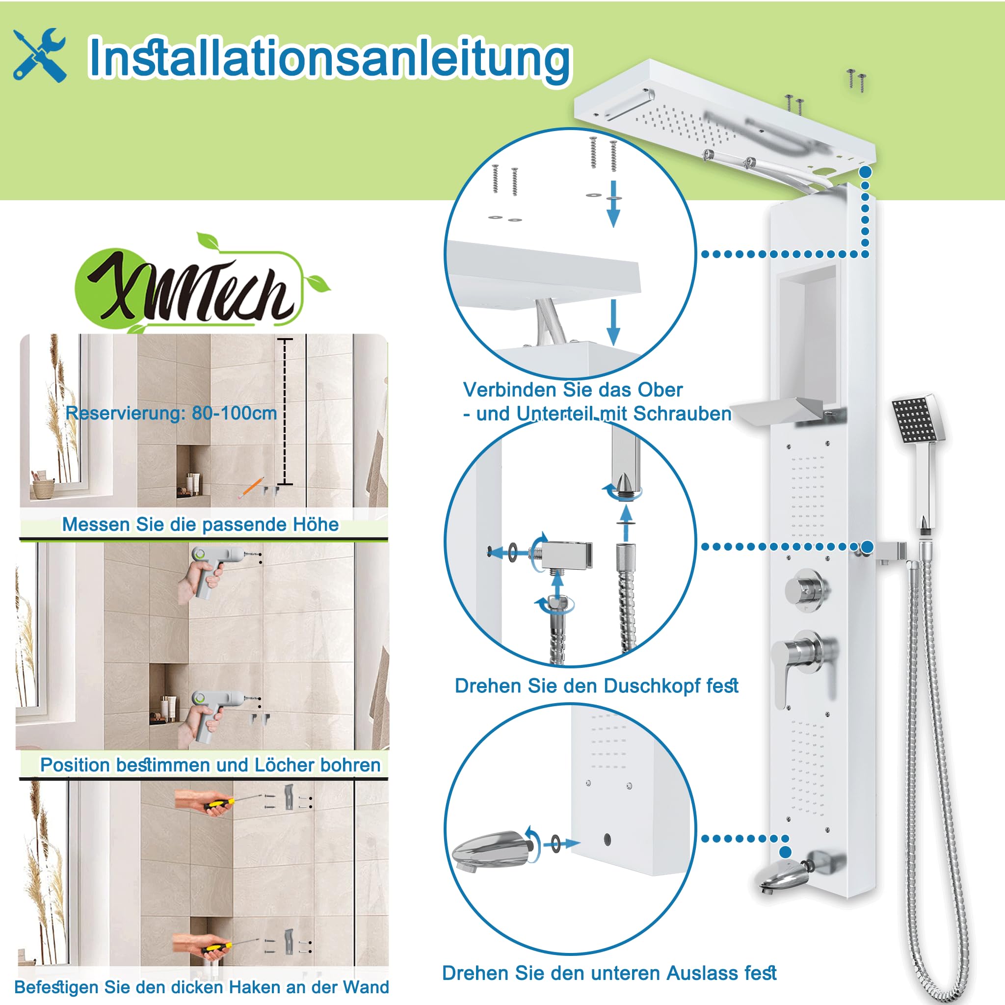 XMTECH Panel prysznicowy system paneli prysznicowych ze stali nierdzewnej, 5 trybów prysznica, deszcz, wodospad, 2 dysze do masażu ciała, wylewka wanny, słuchawka prysznicowa, deszczownica, system
