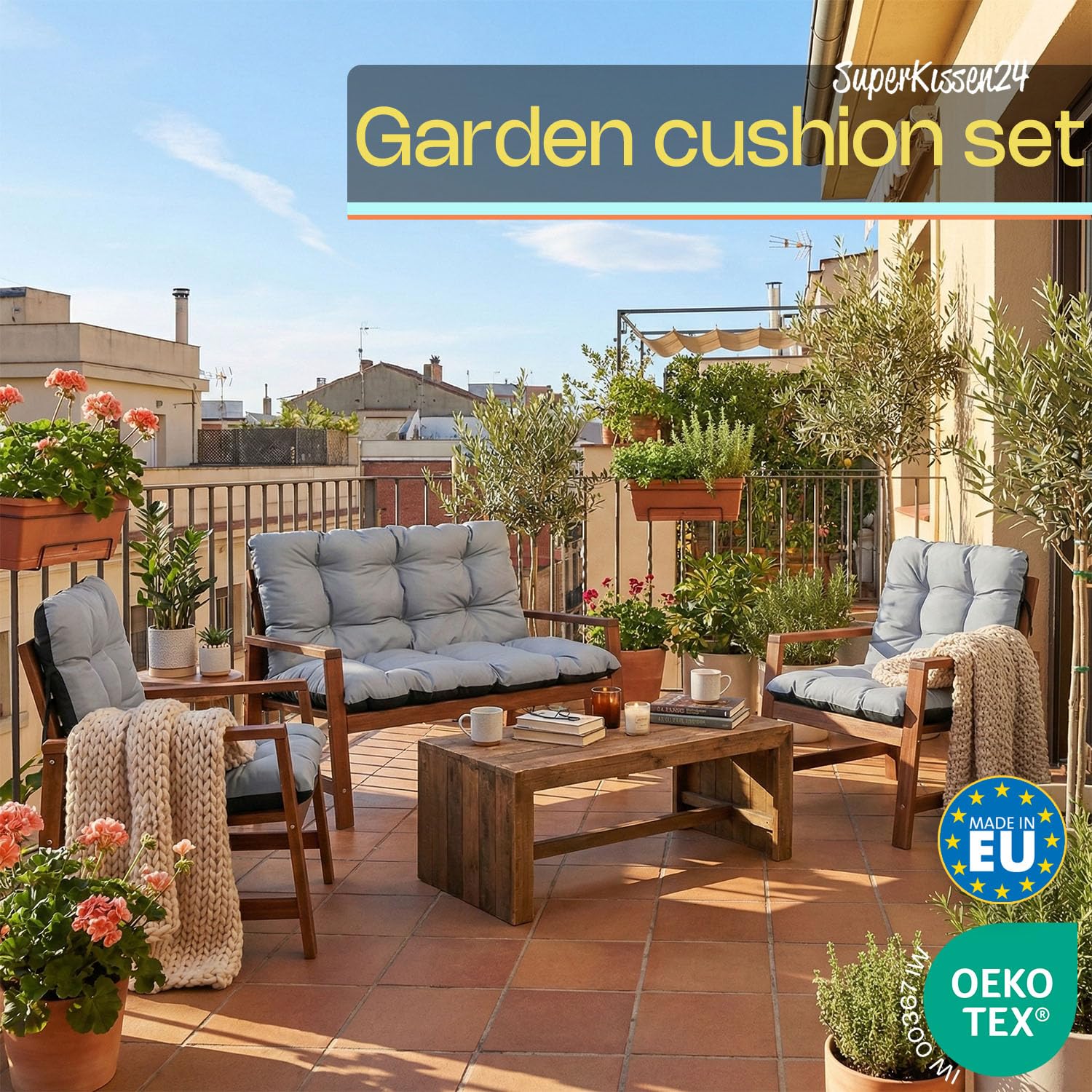 SuperKissen24. Cuscino Lungo per Panchina da Giardino 100x50 cm con Schienale 100x60 cm per Panca da Esterno ed Interno e Due Cuscini per Sdraio 48x96 cm - Grigio