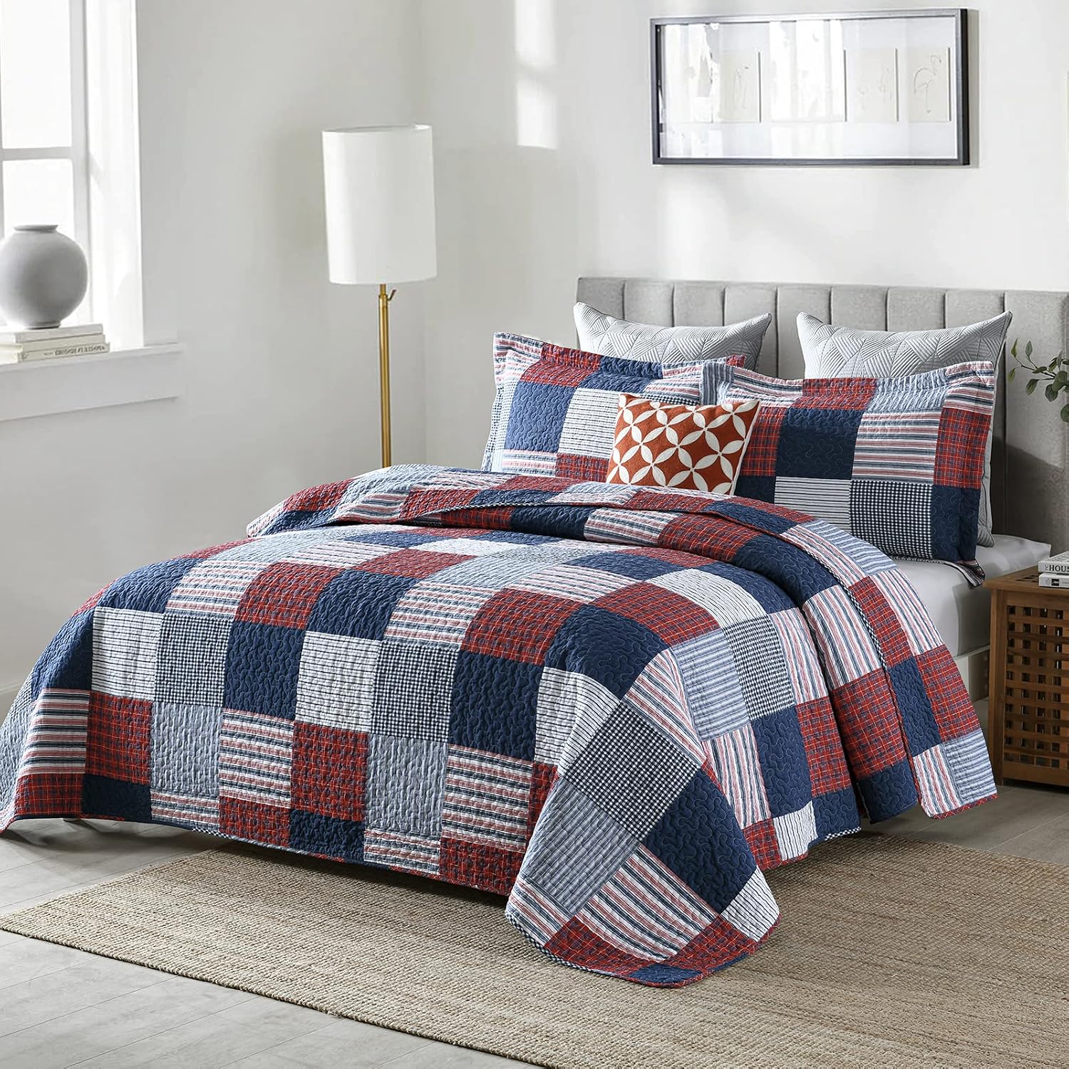 Y-PLWOMEN Quilt Set Queen Size, 100% Cotton Queen Quilt, Blue Red White Patchwork Plaid Quilt Sets Queen, Lightweight Reversible Soft Bedspreads Queen Size All Season, 3-Pieces