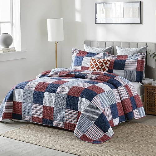 Miniatura 2 de Y-PLWOMEN Juego de edredón tamaño King, edredón 100% algodón King, edredón de retazos azules, rojos y blancos, tamaño King, colcha ligera reversible