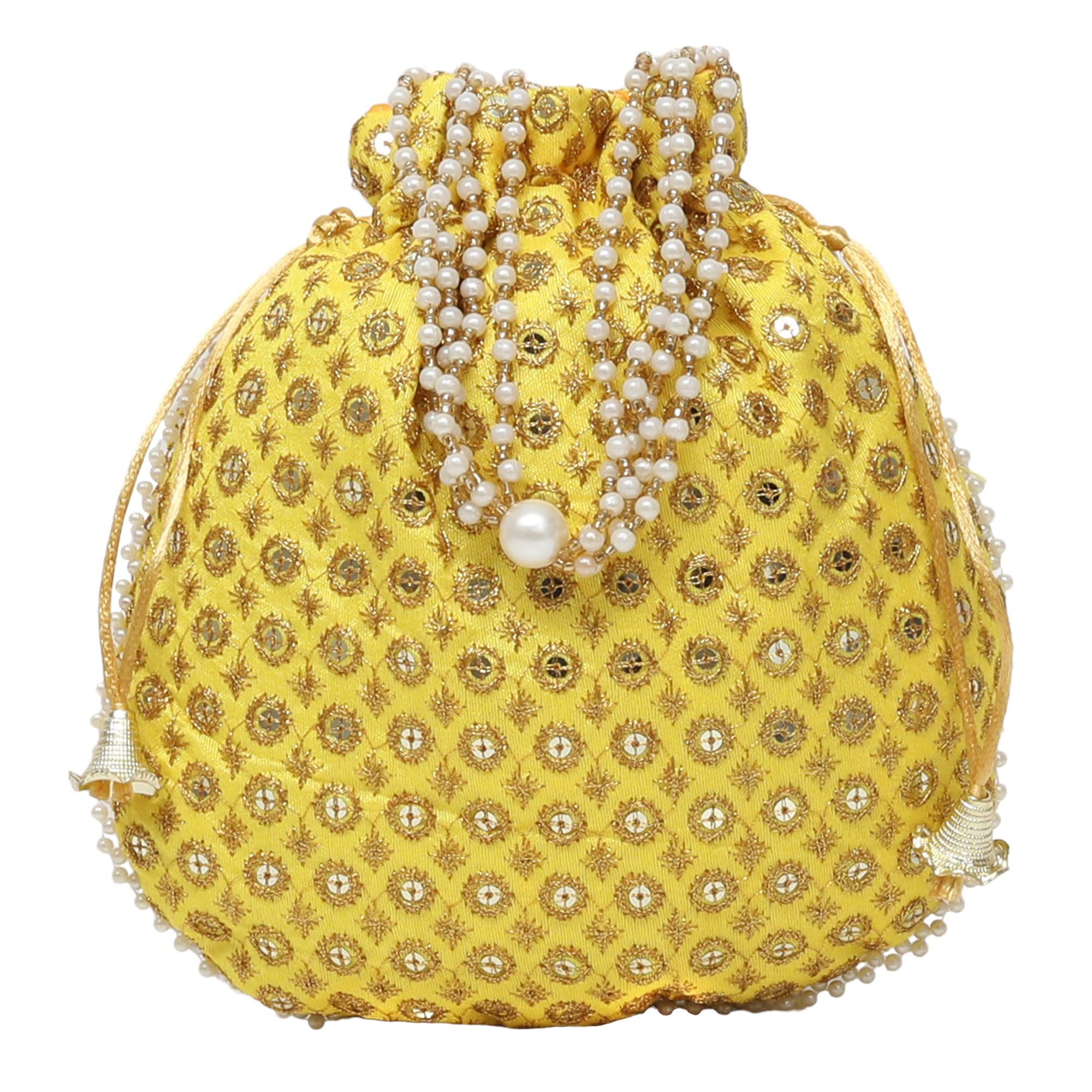 authentic ak Traditional Silk Bridal Style Hand Embroidery Potli For Womens With Pearl Accents | Ideal For Parties, Weddings And Festive Season (Yellow)-picture-10