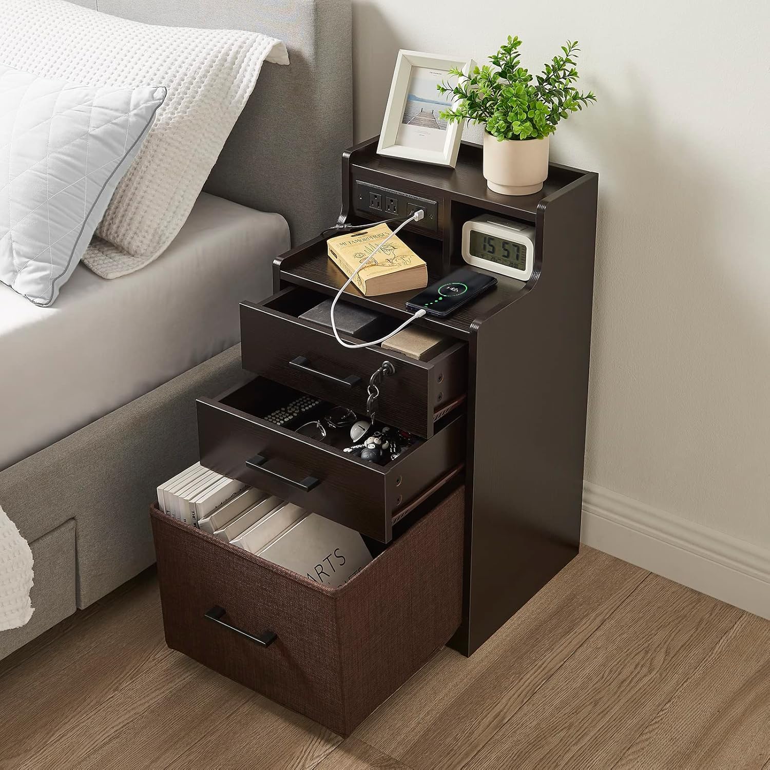 Lovitgo 2 Drawer LED Nightstand, Night Stand with Fast