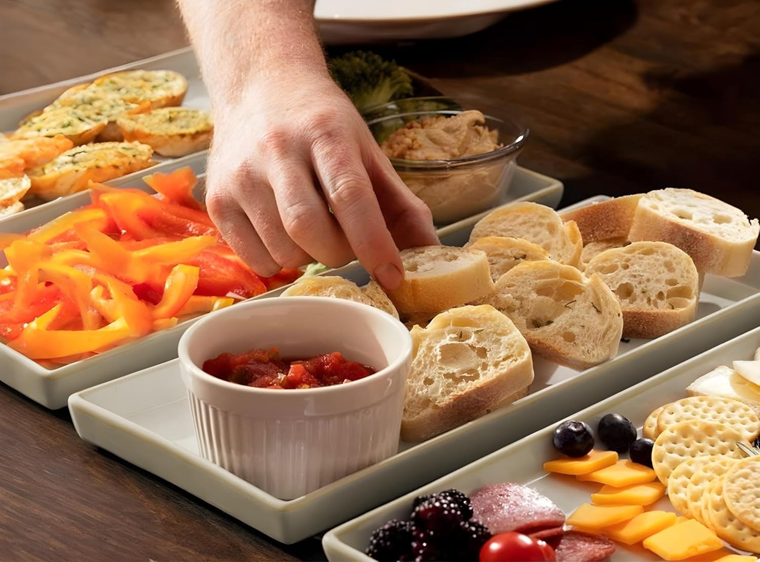 KooK Serving Platters and Trays, Trays for Serving Food, Ceramic 11 Inch Rectangular Serving Trays, Platters for Food at Parties and Entertaining, Microwave, Dishwasher Safe, White, Set of 4 - Image 5