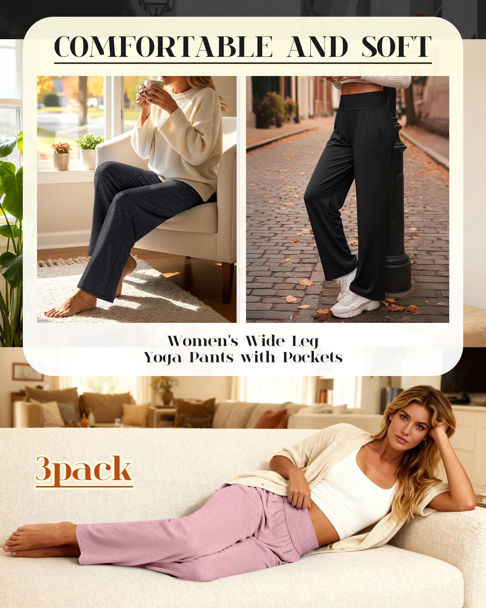 Neer Confezione da 3 Pantaloni da Yoga da Donna a Gamba Larga Pantaloni da Casa con Tasche Pantaloni da Jogging Larghi