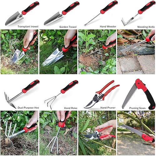 Miniatura 2 de Red Gardening Tools, 9 Piece Stainless Steel Heavy Duty Garden Tools with Non-Slip Ergonomic Handle, Garden Tote Bag, Garden kit, Gardening Gifts