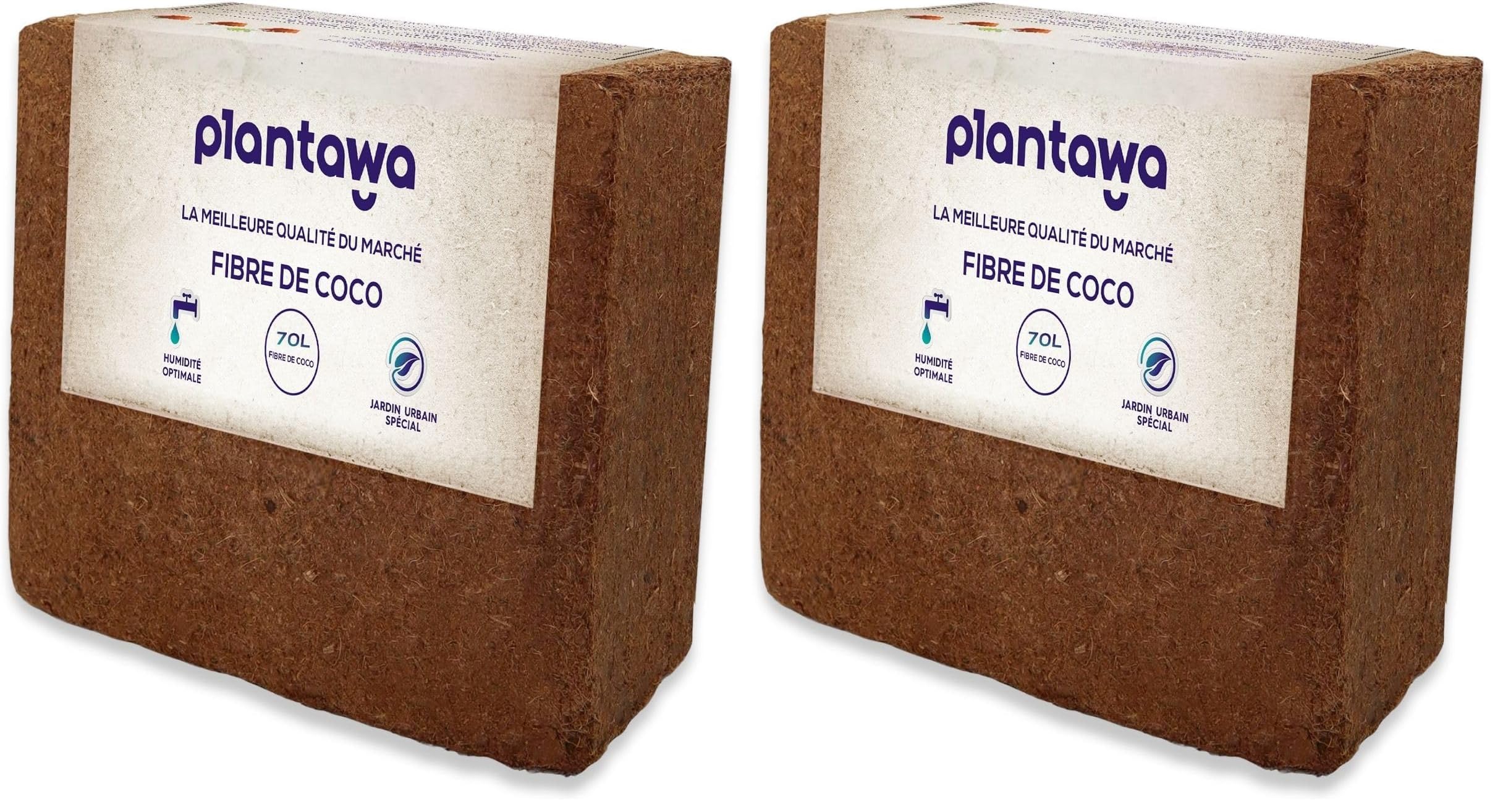 PLANTAWA Fibre de Coco Organique Bloc 5 kg 70 l – Brique compacte – Terre pour Plantes – Utilisation de Potager Urbain terriaire pour Plantes extérieures Turba pour Pots de Fleurs (Lot de 2)