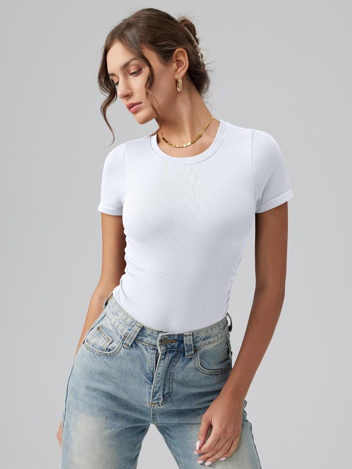 OQQ Women's Crew Neck Short Sleeve Bodysuit Ruched Stretch Vacation Basic for Tops Spring & Summer - Image 2