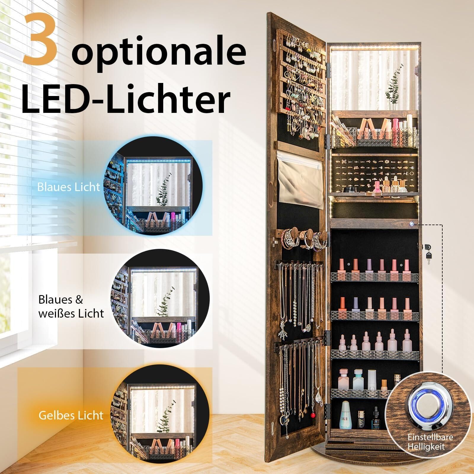 RELAX4LIFE Schmuckschrank, Schmuck Spiegelschrank stehend, Standspiegel mit LED-Lichtern, mit Ganzkörperspiegel, 3 Ablagen, 360° drehbar, abschließbar, mit Schlüsseln(Kaffee)