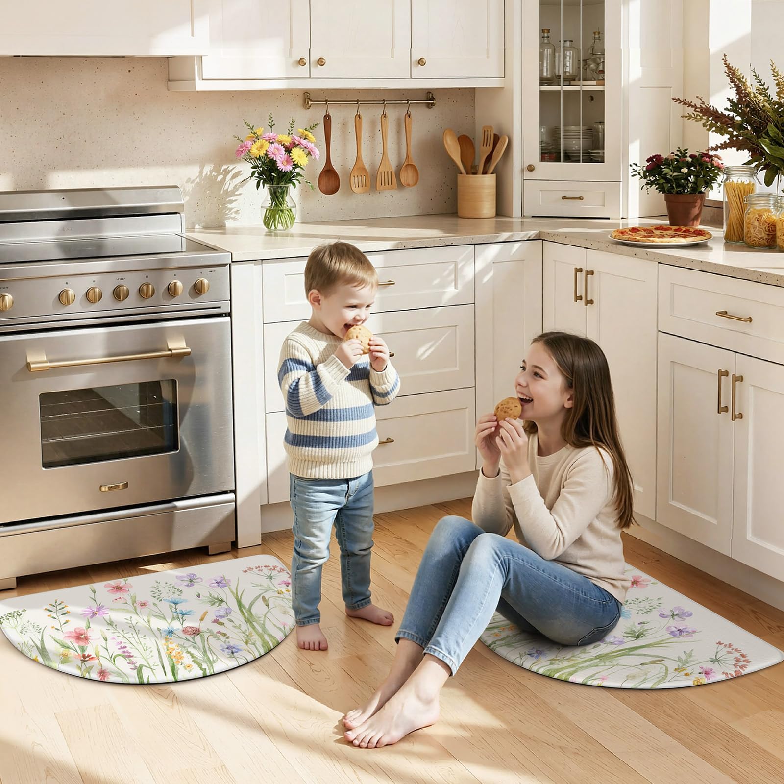 KIMODE Set di 2 tappetini da cucina anti affaticamento per pavimento, tappeti da cucina a mezza luna, 45,7 x 71,1 cm, tappeti per pavimento della cucina, tappetini da scrivania in memory foam