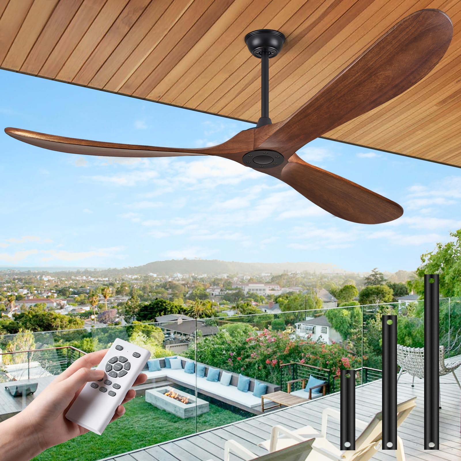ABZ Ceiling Fans without Lights - 72 Inch Outdoor Ceiling Fans no Lights with Remote Control, 3 Blade Solid Wood Ceiling Fans for Patios Living Room Bedroom Porch