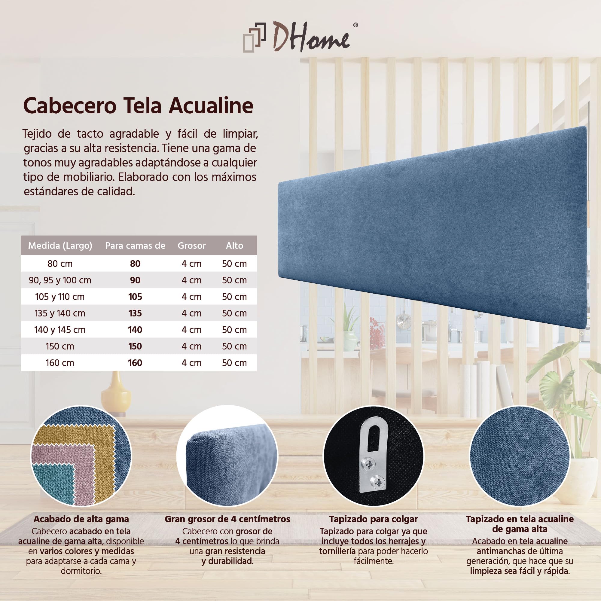 DHOME Testata in similpelle o tessuto AQUALINE Testata imbottita liscia Testata letto di lusso (Tessuto Blu, 160cm (Lits 150/160))