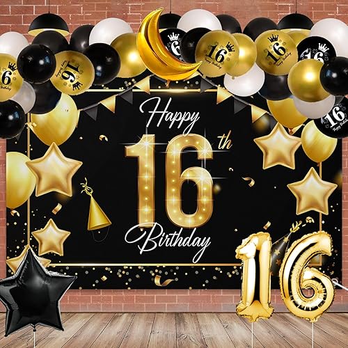 Kit de guirnalda de arco de globos con texto en inglés Happy 16th Birthday en negro y dorado Decoración temática de fiesta de cumpleaños de 16 años