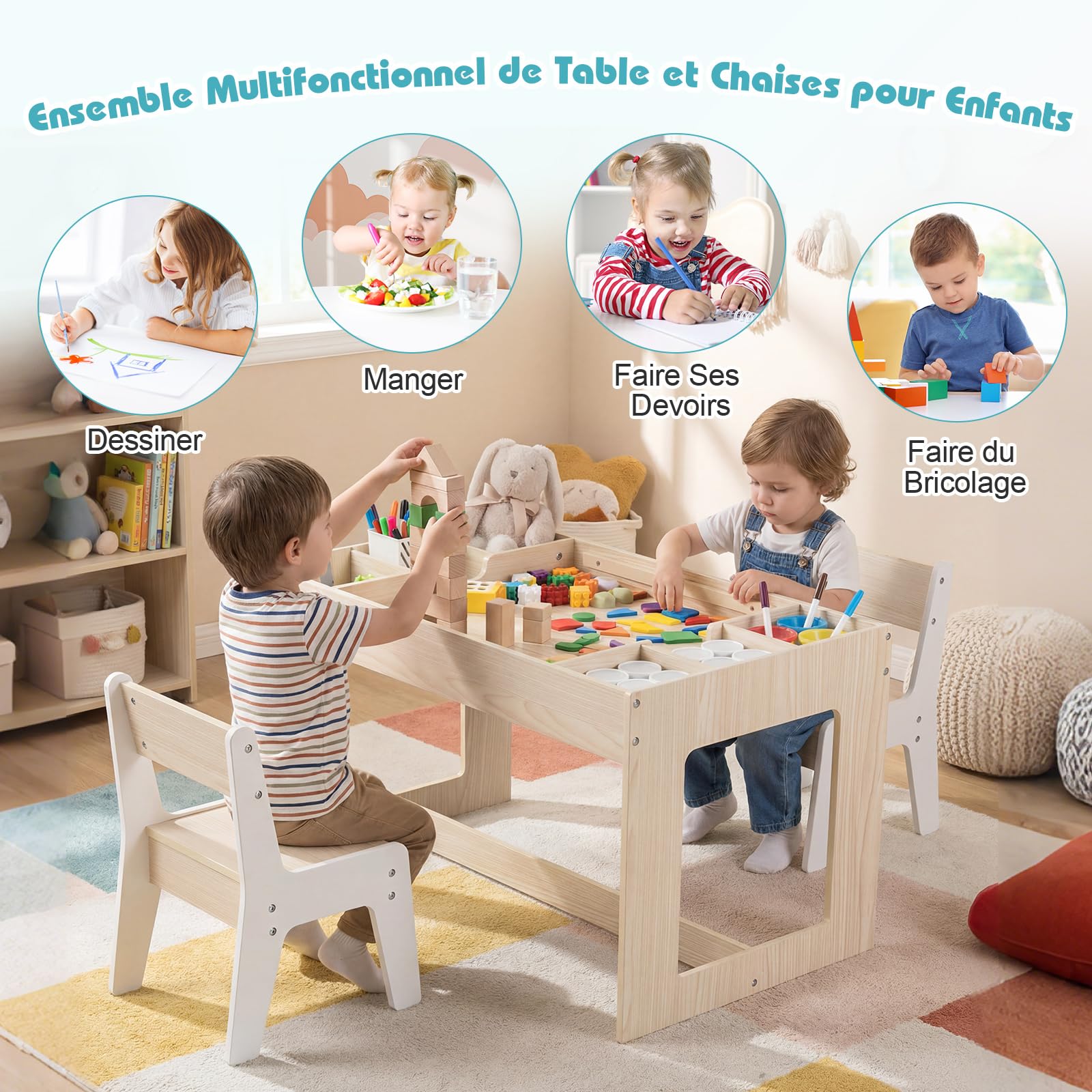 COSTWAY Table Enfant avec 2 Chaises et Plateau Réversible, Table Enfant avec Rangement et 6 Compartiments Latéraux, Tableau Noir et Blanc pour Jouer Dessiner, Bureau à Dessin pour 3 Ans+ (Naturel)