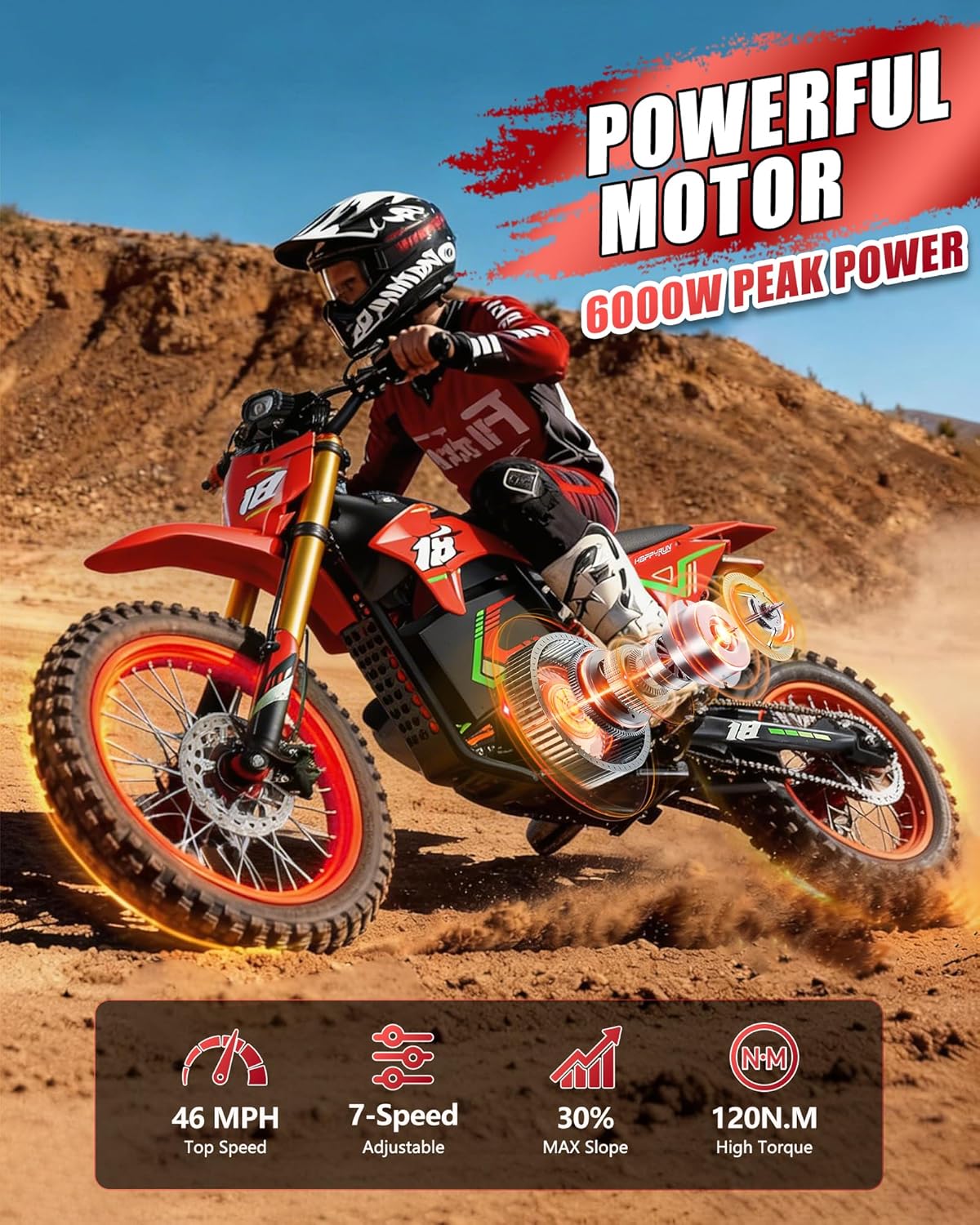 HAPPYRUN 6000W Peak Electric Dirt Bike 46 mph Max Speed Off-Road Motorcycle 60V 30AH Removable Battery 60 Miles Range 17 Inch Tires Dual Hydraulic Brakes Adult E Moto for Trail Riding
