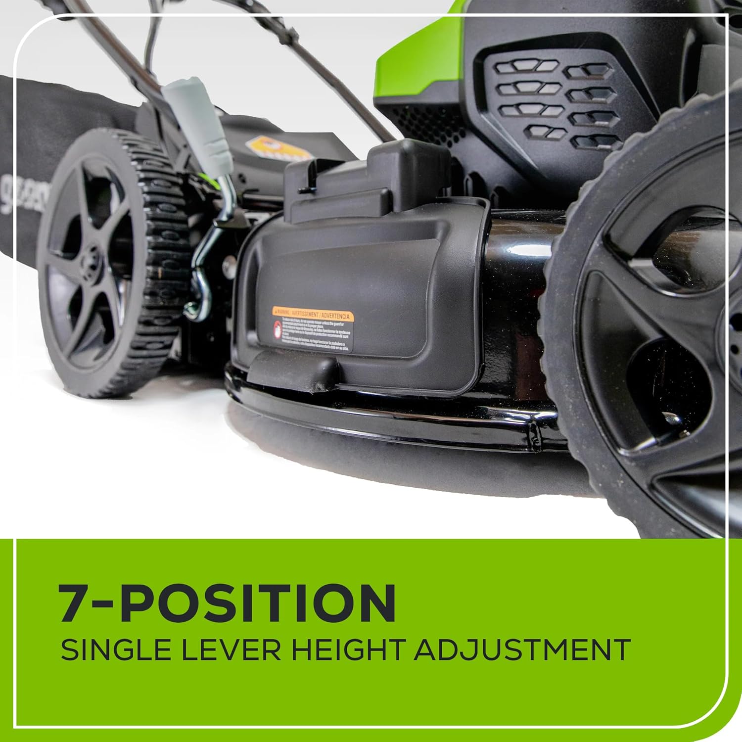 Close-up of the 7-position single lever height adjustment on a Greenworks lawn mower