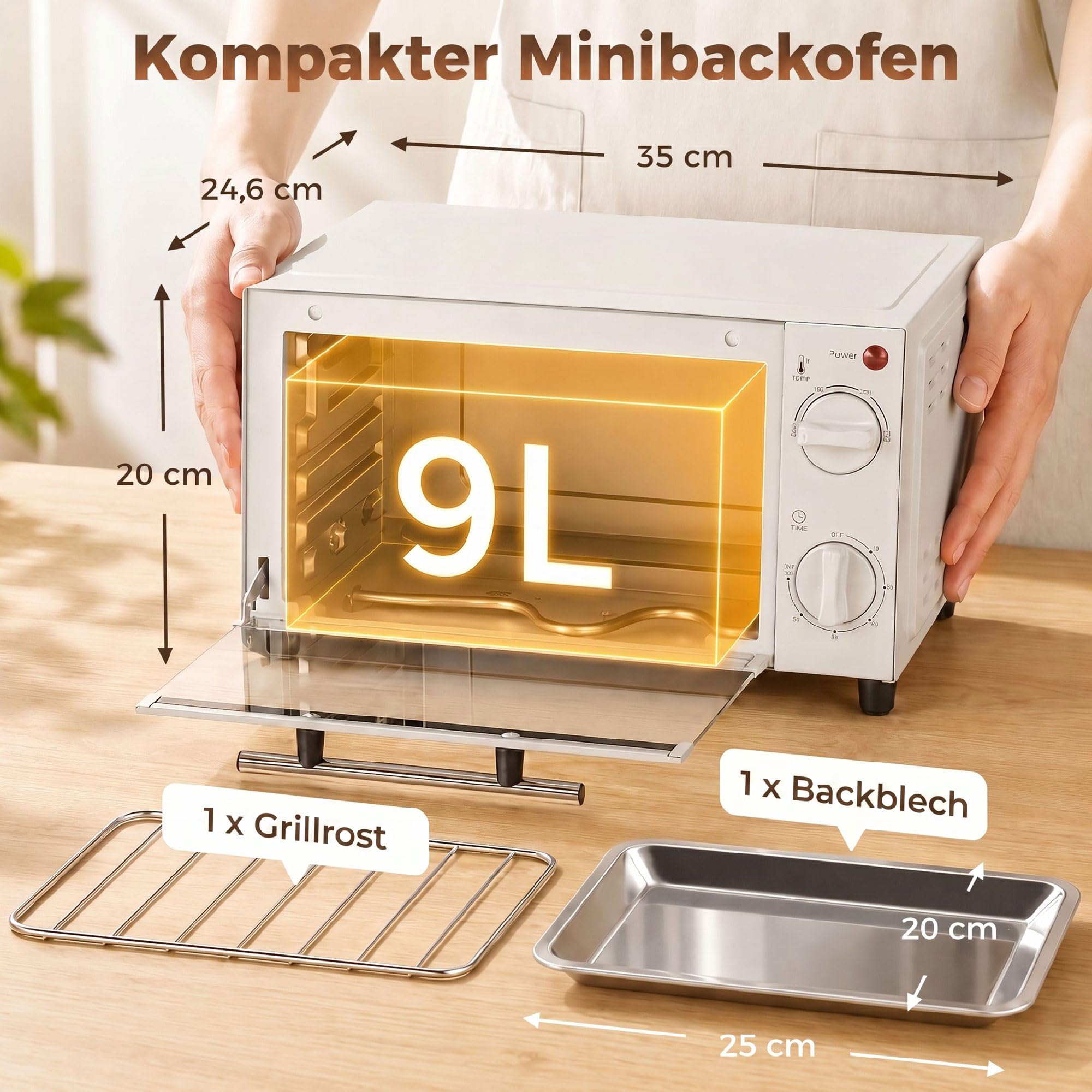 HOMCOM Mini-four 9L Mini four avec plaque de cuisson, grille, 100 °C-230 °C, avec température et durée de cuisson réglables, minuterie 60 min, 750W, acier inoxydable, blanc crème
