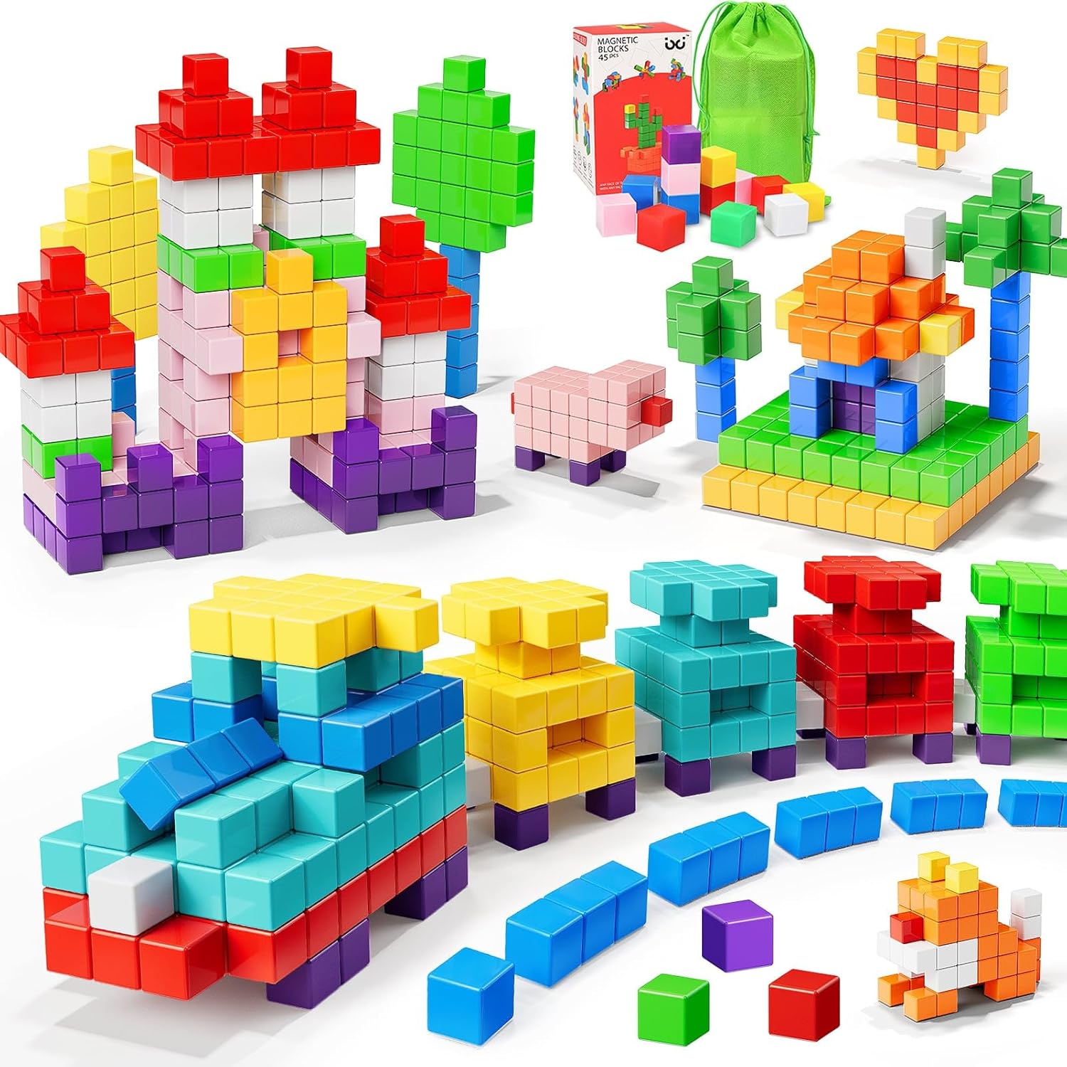 Magnetic Blocks for Kids Ages 4-8 - 45pcs Magnet Cubes Toys Kids Ages 3-5 - 3 4 5 6 7 8 9 10 Year Old Boy Girl Birthday Gifts Stem Toys Sensory Toy for Kid with Autism Toddler Creative Learning Gifts