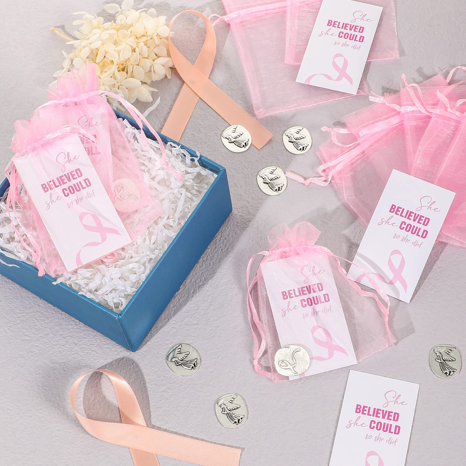 Amazon.co.jp: インスピレーションを与える天使のサインコインセット ポケットエンジェルトークンコイン メモリアルカード  ホワイトオーガンザバッグ 幸運 信仰 天使のチャーム 葬儀用品のプレゼント (乳がんテーマ、30ピース) : ホーム＆キッチン