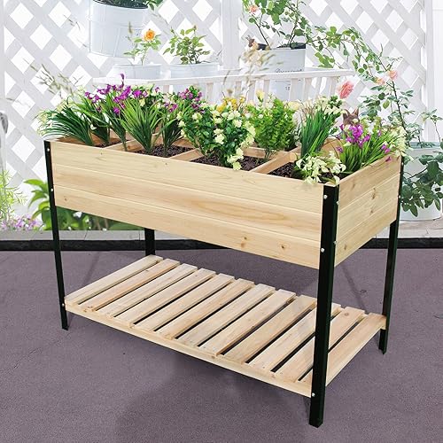 SFJC Cama de jardín elevada con patas de hierro fuertes, soporte elevado de madera para flores, verduras, hierbas, jardinería orgánica al aire