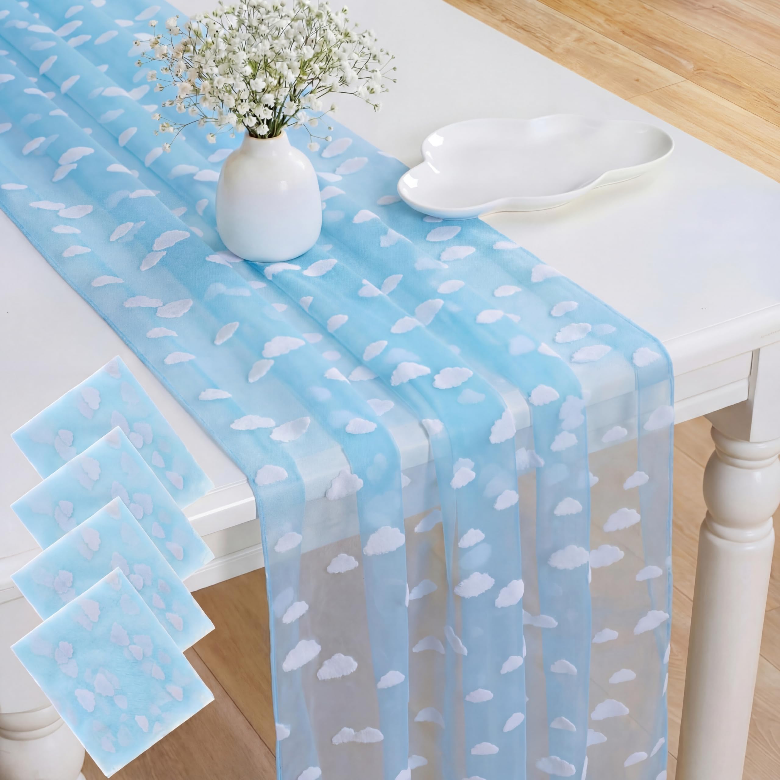 Photo 1 of Windkream 4 Pcs Blue Sky White Cloud Table Runner 29 X70 Inch Cartoon Tulle Table Runner Flocking Cloud Tablecloth for Cartoon Themed Birthday Baby Shower Party Decor