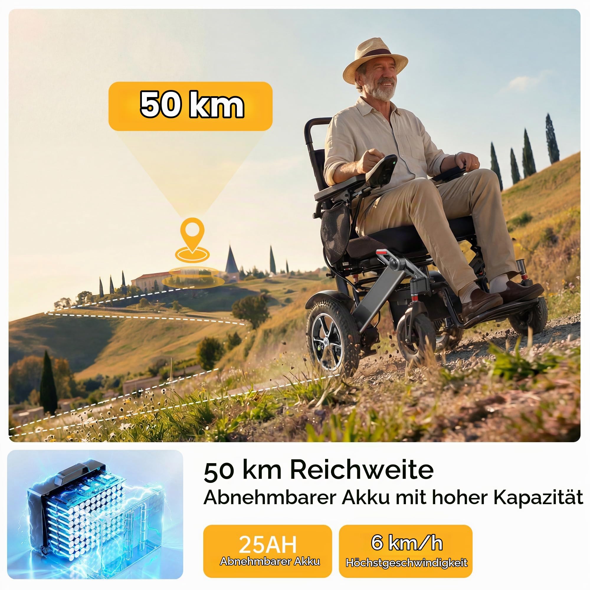 Elektrischer Rollstuhl Faltbar Leicht, 500W All-Terrain Elektrorollstuhl bis 180kg, 25Ah Premium Akku für 48km Reichweite, 13" Große Reifen Rollstuhl Elektrisch für Senioren & Autoreisen