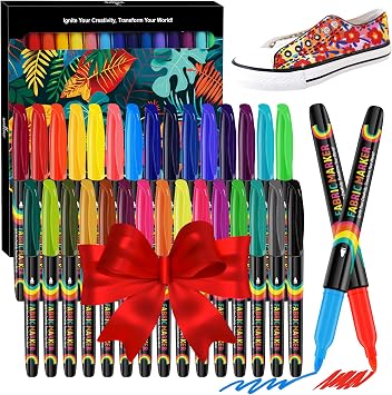 WINSONS 30 Fabric Markers Pens Set, Indelible & Permanent Fabric Paint Pens, Fine Tip Textile Marker Pen for Clothing, Laundry-Safe Art Markers, Non-Toxic, Quick-Dry