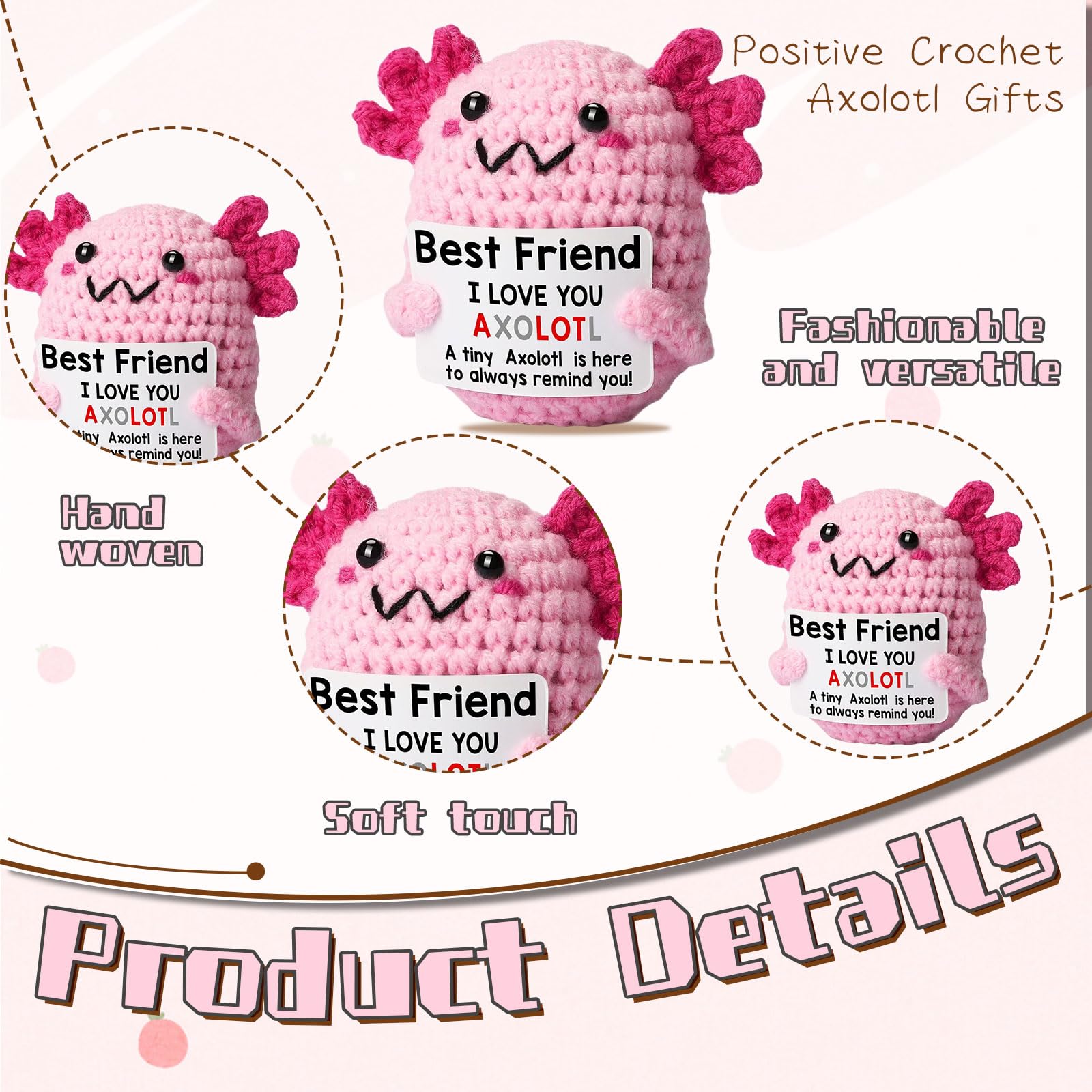 Tastetreasure Crochet Axolotl, Funny I Love You Axolotl Plush Doll with Positive Quote Card, Cute Hand-Knitted Stuffed Animal - Image 3