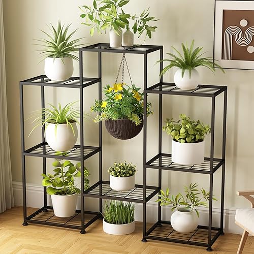 Soporte de plantas de metal para interior, soportes de plantas de metal para exterior, estante escalonado de 4 niveles para múltiples plantas, 8