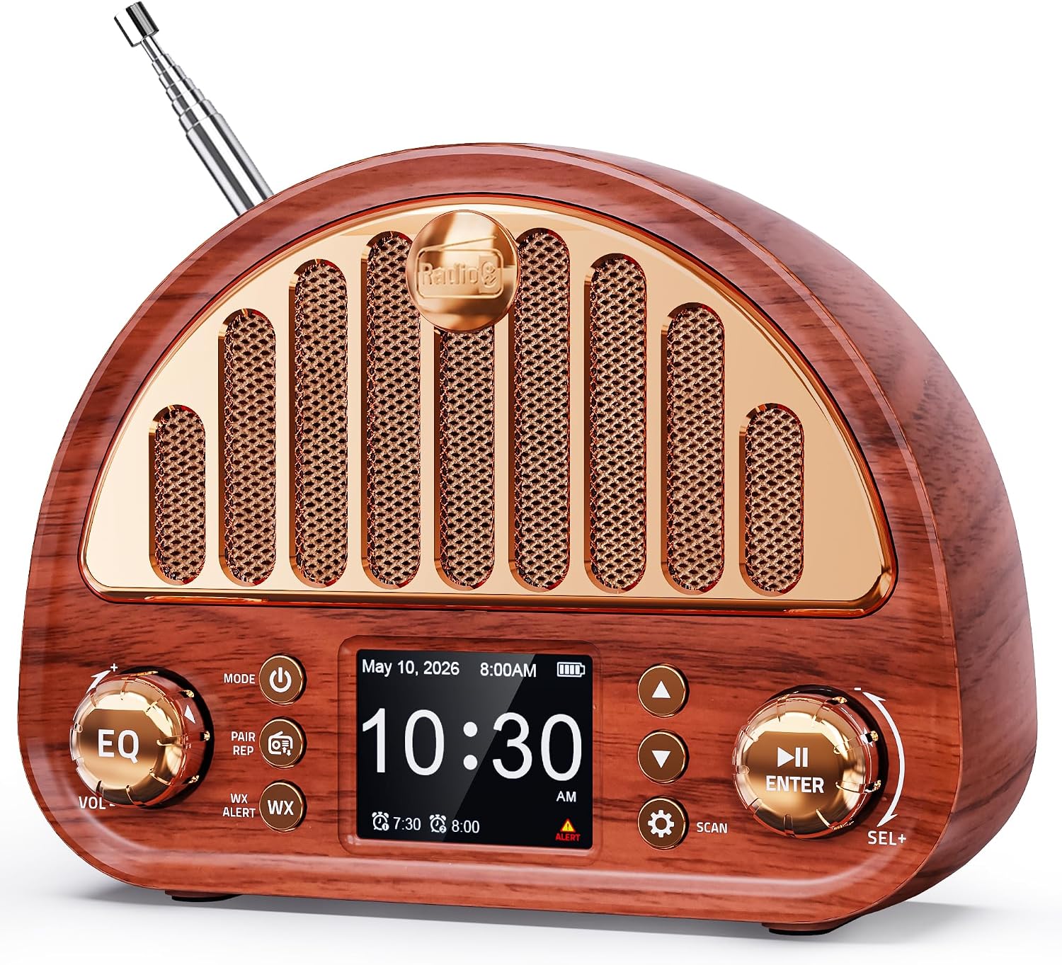 Vintage FM Radio with NOAA Weather Alert, Bluetooth Clock Radio, Rechargeable Tabletop Design for Bedroom and Home, 2-Inch Color Display, Dual Alarm, microSD, AUX and Headphone Jack