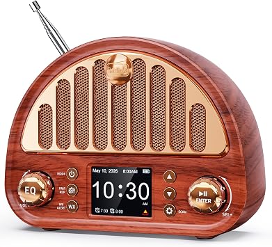 Vintage FM Radio with NOAA Weather Alert, Bluetooth Clock Radio | Rechargeable Tabletop Design for Bedroom and Home, 2" Color Display, Dual Alarm, microSD, AUX, 40 FM + 7 Weather Presets