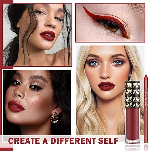 Miniatura 7 de CAHIUYOA Juego de 2 delineadores de labios de color vampiro, rojo mate, lápiz labial líquido rojo, brillo de labios, tinte de labios, resistente al