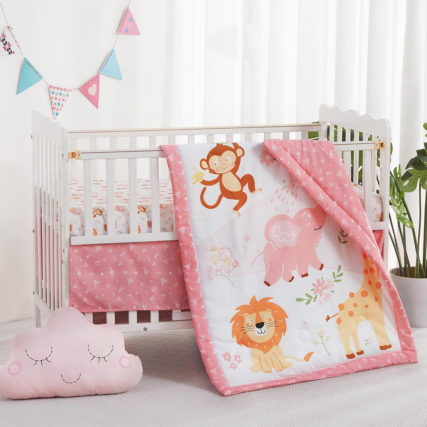 3 Piece Baby Crib Bedding Set, Infant Nursery Bed Set Decor with Quilt + Fitted Crib Sheet + Skirt, Baby Bedding Set Breathable and Soft for Baby Boy and Girl - Pink Elephant image 9 of 9 B0F9KY6MYY
