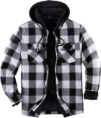 ZENTHACE Men's Sherpa-Lined Full-Zip Plaid Hooded Shirt Jacket