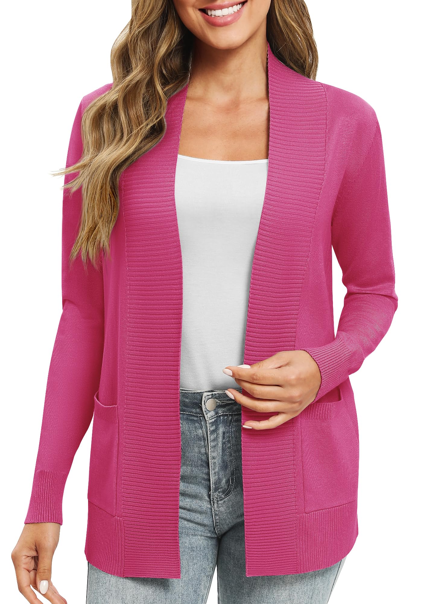 EXCHIC Femmes Décontractée Manche Longue Tricoté Cardigan Poids Léger À l'aise Avant Ouvert Manteau Chandails Longs avec Poches