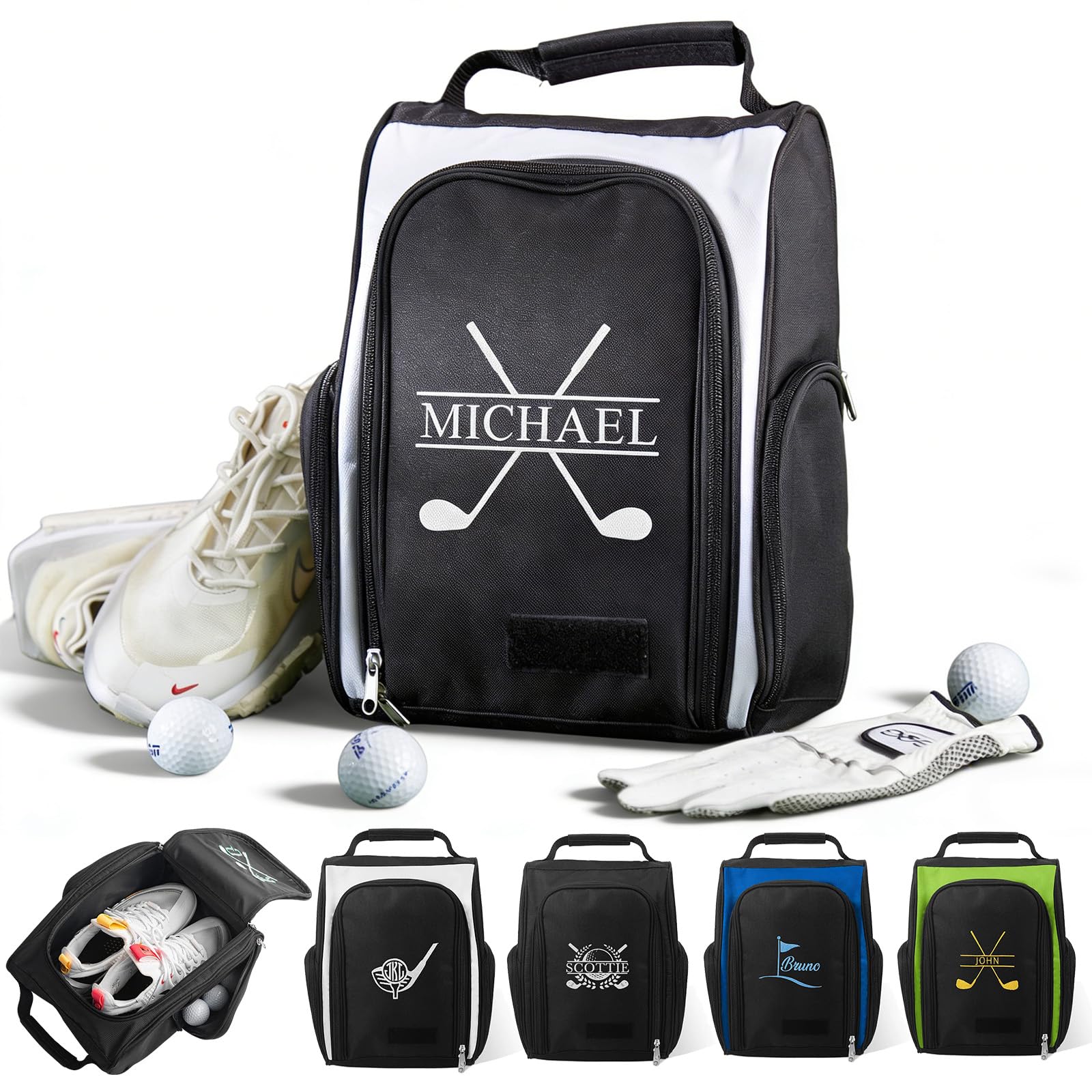 Bolsa de zapatos de golf personalizada, nombre o logotipo bordado personalizado, bolsa de transporte de zapatos con cremallera con asa, bolsillo exterior para guantes, camisetas, pelotas