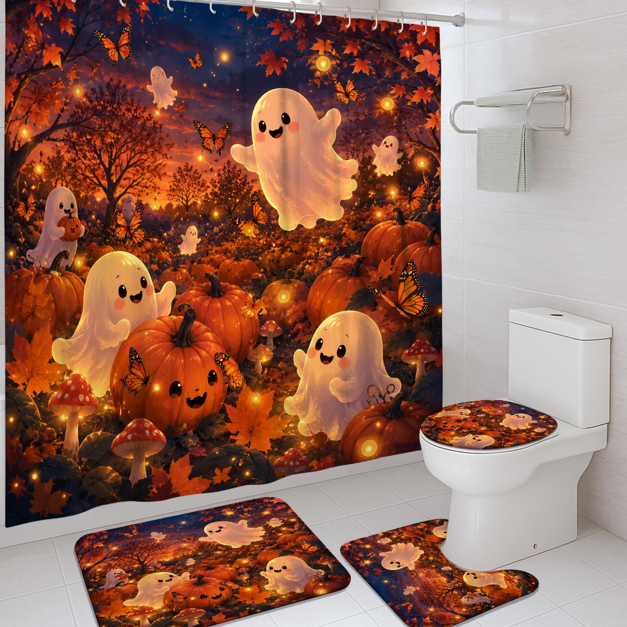 Ensemble rideau de douche Halloween citrouille lavable avec tapis de bain