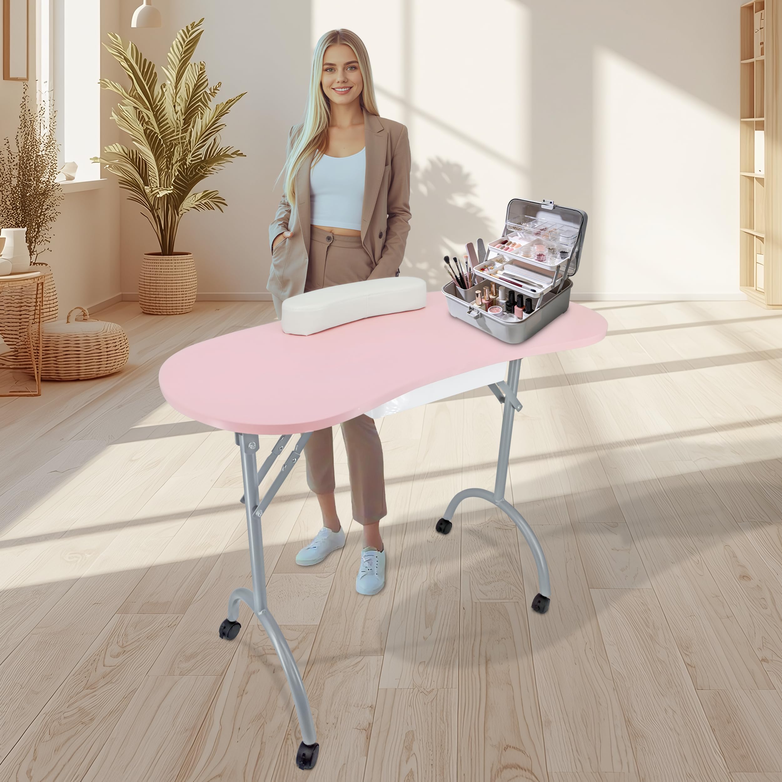 BELTOM® Mesa para manicura Plegable, con cajón y Bolsa de Transporte - 9,5 KG - 98 x 44 x 77 cm - Rosa