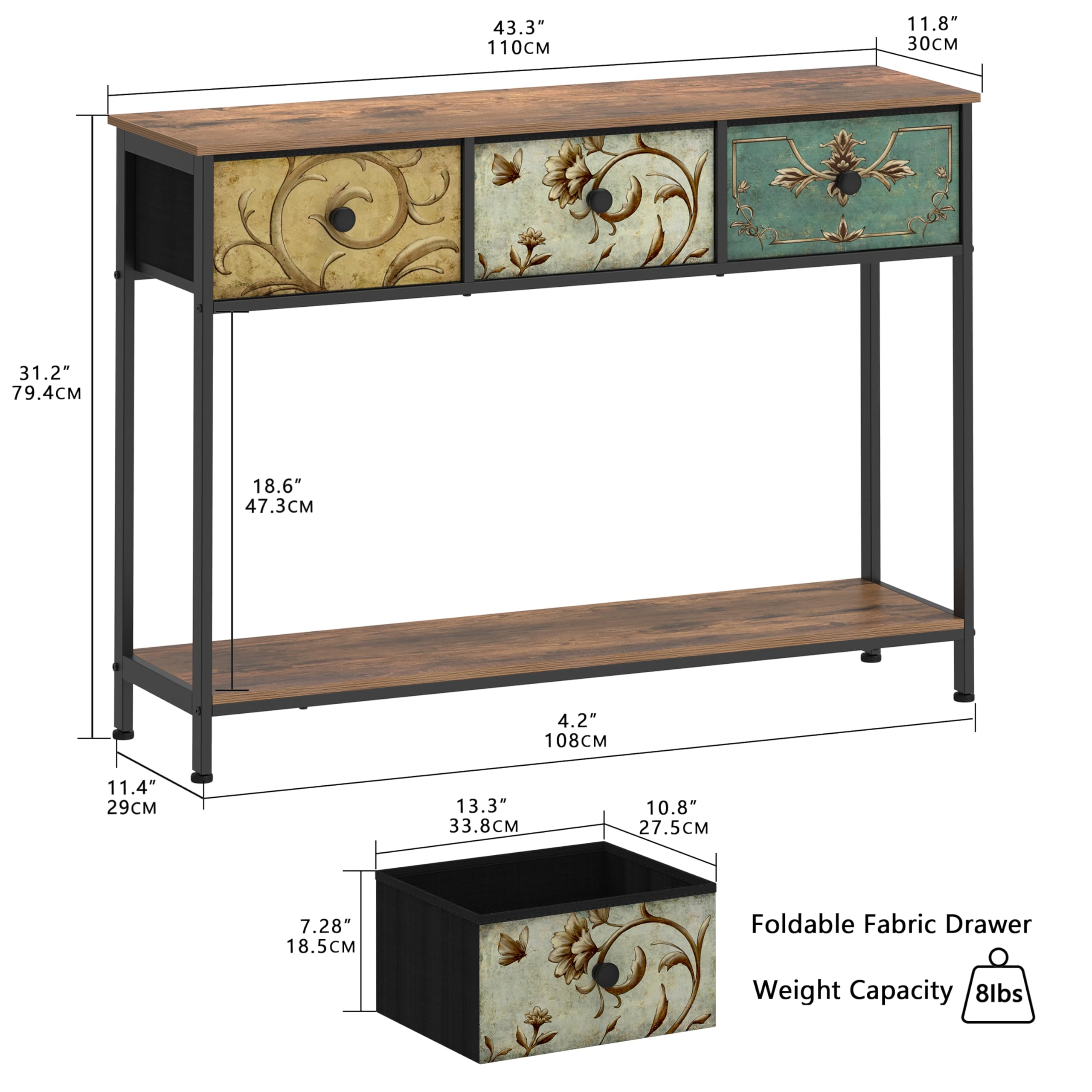 VEDECASA Konsolentisch Beistelltisch mit 3 Stoffschubladen Flurtisch mit Offenen Ablagefächern Eingangtisch Sofatisch für Flur Wohnzimmer Schlafzimmer Holz Metallrahmen einfache Montage Vintage Braun