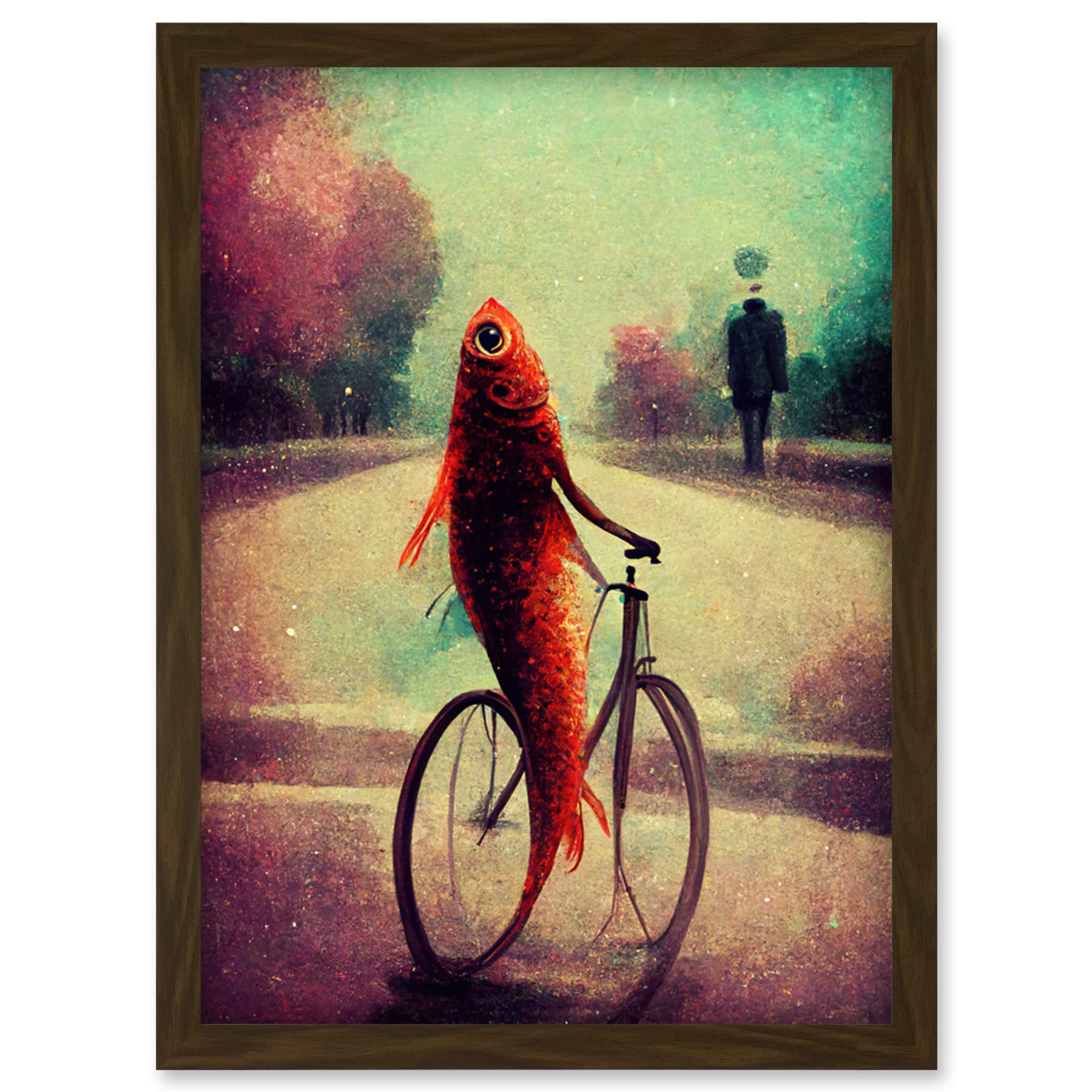 Doppelganger33 LTD Koi Fish With Bicycle Surrealism Purple Teal Park Dream Artwork Framed Wall Art Print A4