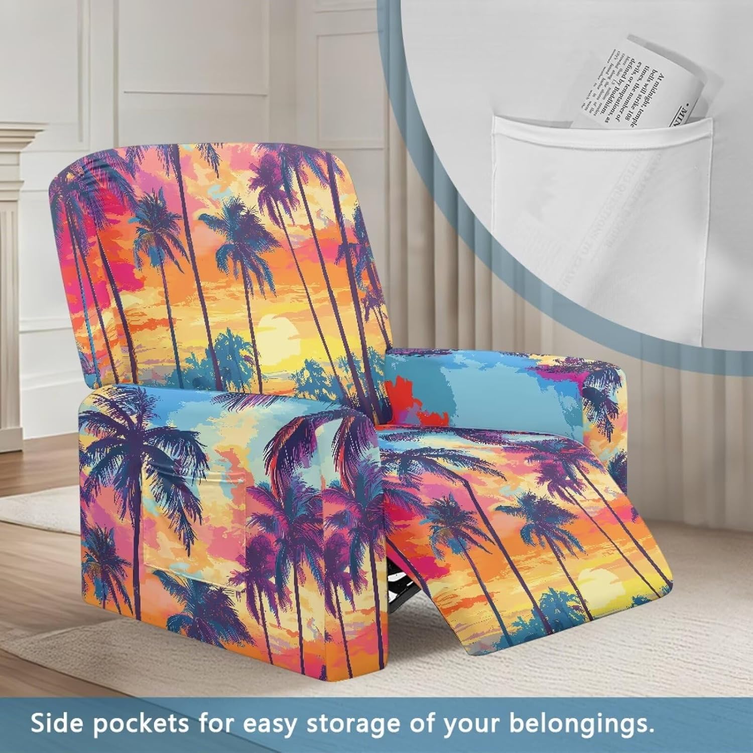 GLENLCWE Palm Tree Recliner Cover 4 Pieces Recliner Cover Stretch Cover para Sofa Lazy Boy, Cloorful Sunset Print Sofa Covers for Dogs Cats Reading Room Furniture
