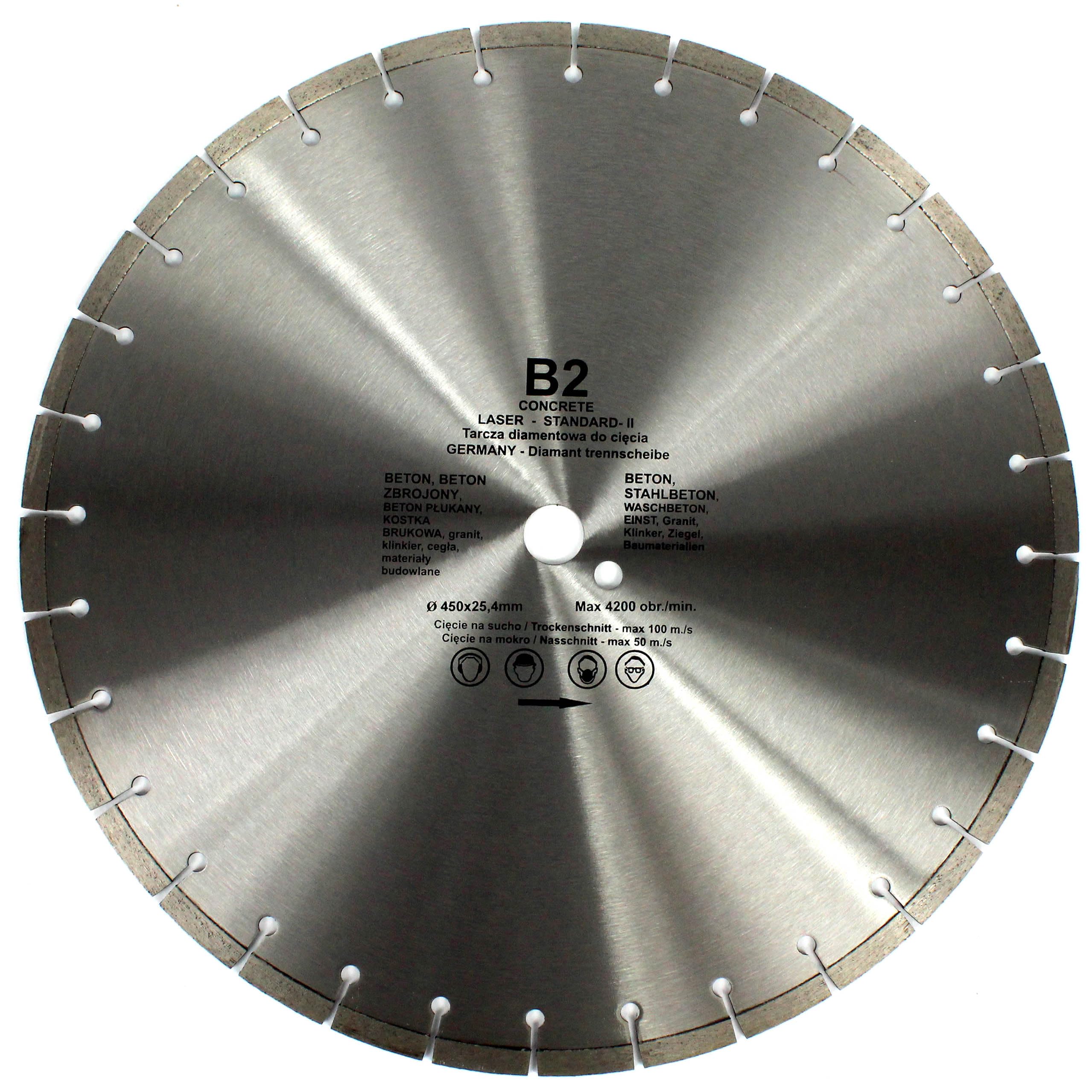 TEDIAM Diamentowa Tarcza Tnąca B2, Do Betonu/Granitu/Klinkieru, 450x25,4mm, Spiekana Laserowo, 12mm Wysokość Segmentu, 5kg