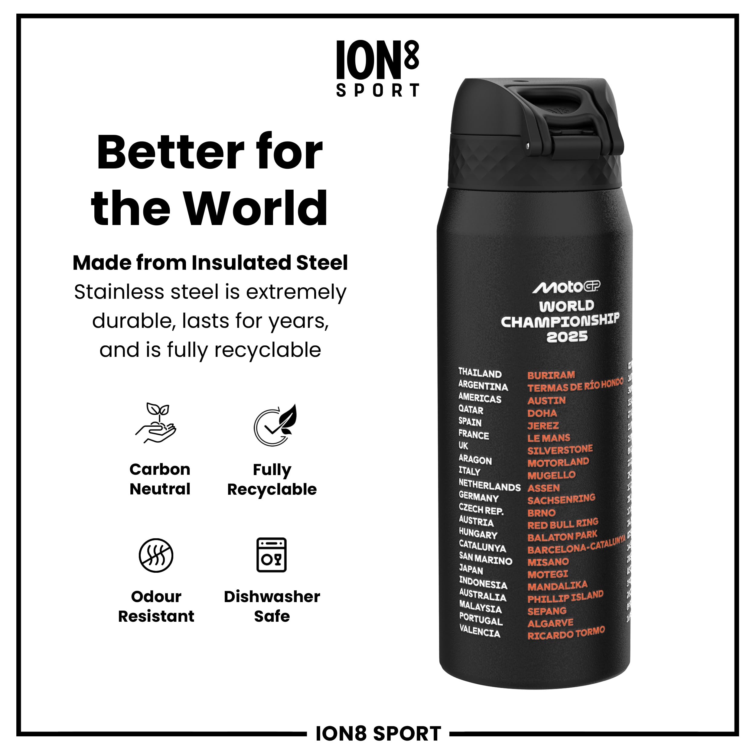 ION8 750ml (24oz) Leak-Proof Stainless Steel Water Bottle - Vacuum Insulated, Triple Lock Lid, MotoGP Design - View #4